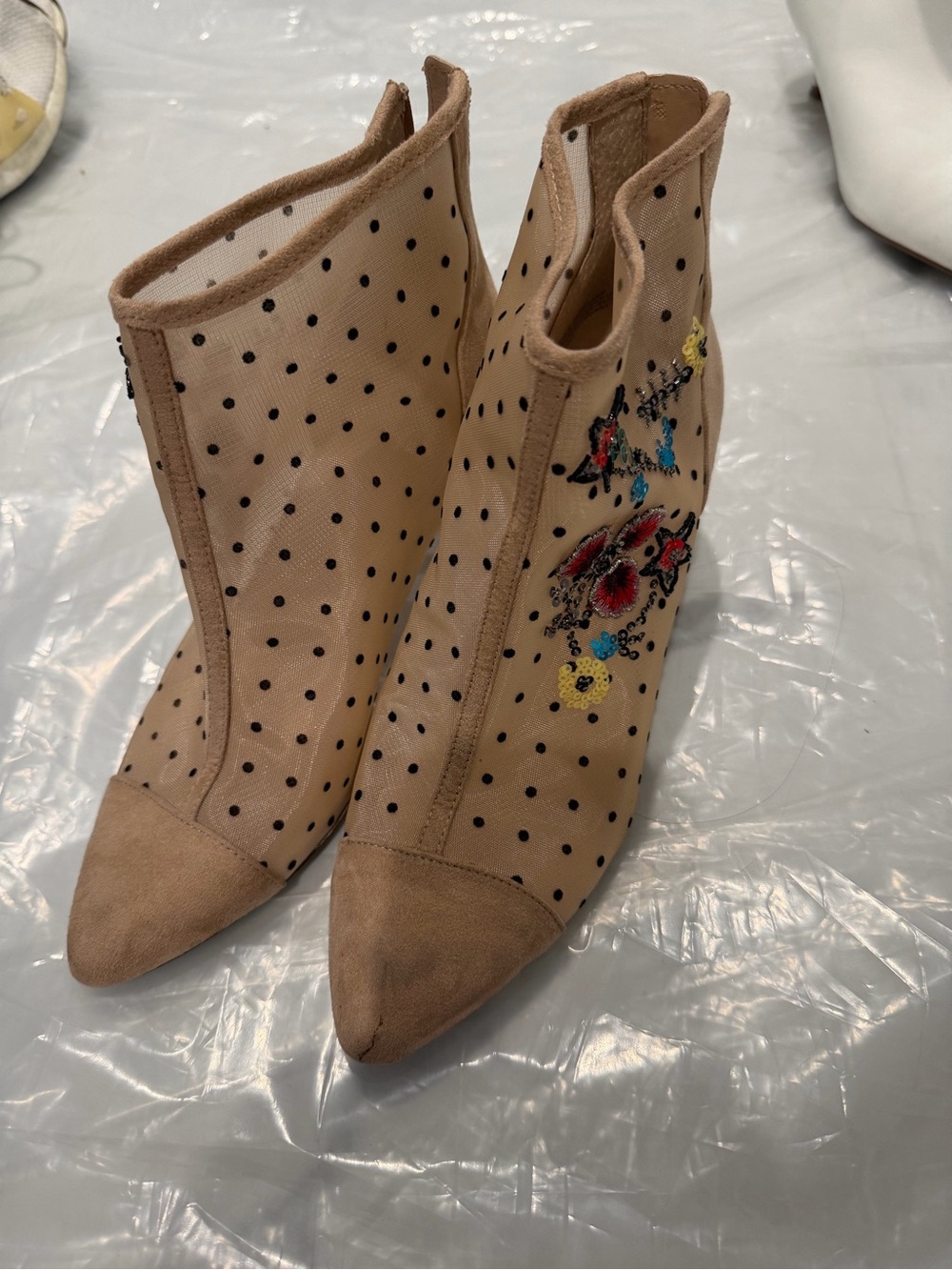 Beige Polka Dot Floral Embroidered Ankle Boots